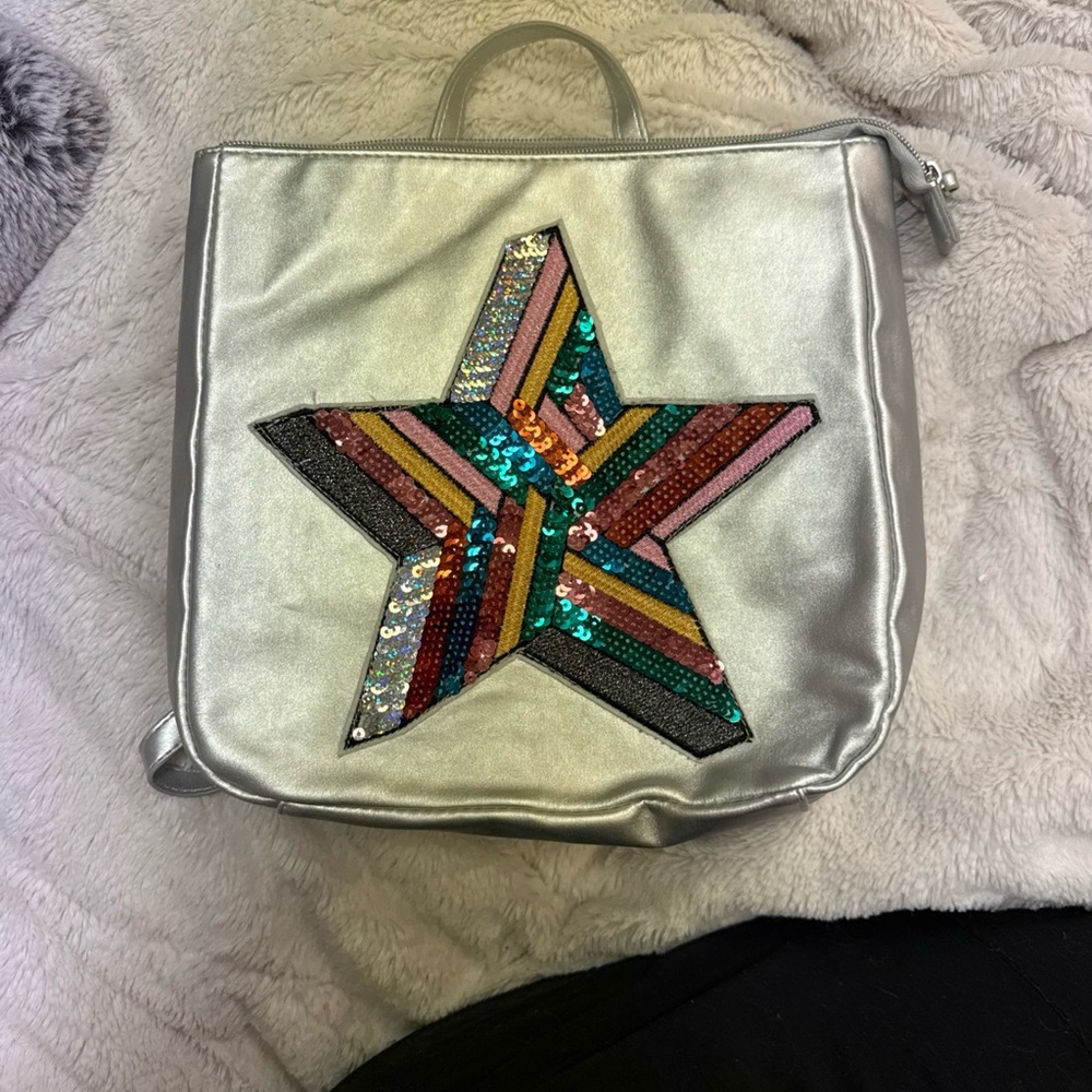 Small Silver Mini Backpack Bag w/ Sequin Star, Top Handle & Straps